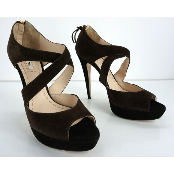 Miu Miu Two Tone Suede Strappy Caged Platform Heel Sandals - Picture 5 of 10